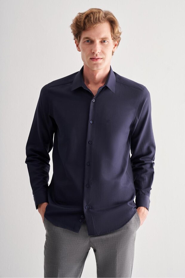 Navy Blue Hard Collar Long Sleeve Slim Fit Cotton Shirt 1004255175