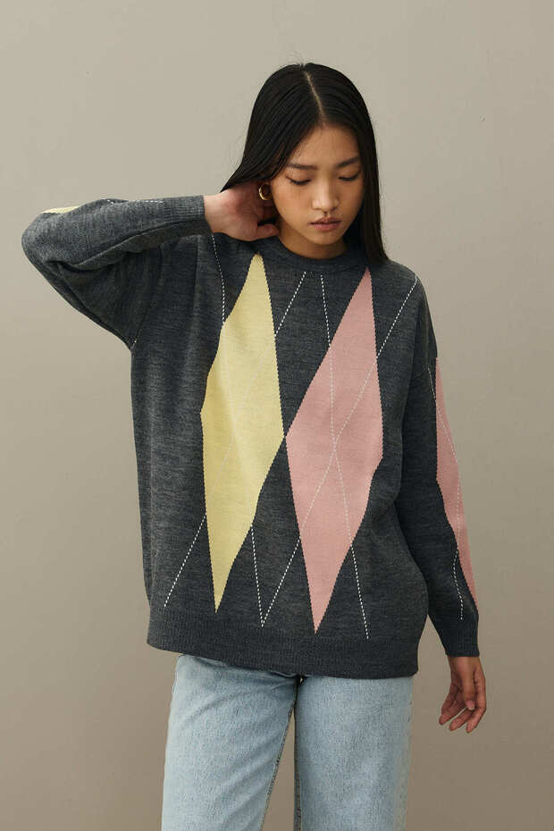 Baklavalı Oversize Kazak Antrasit - 3