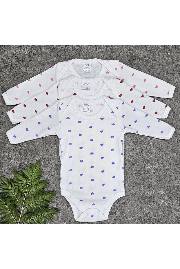 3-Piece Heart Long Sleeve Snap Fastener Baby Girl Bodysuit Long Sleeve