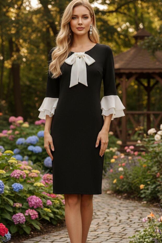 Bow Collar Flounce Sleeve Midi Imported Crepe Dress - Black