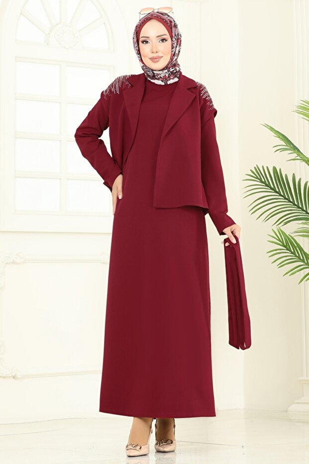 Yeleği Taşlı Elbiseli Takım 2709SL432-MS Bordo - 3