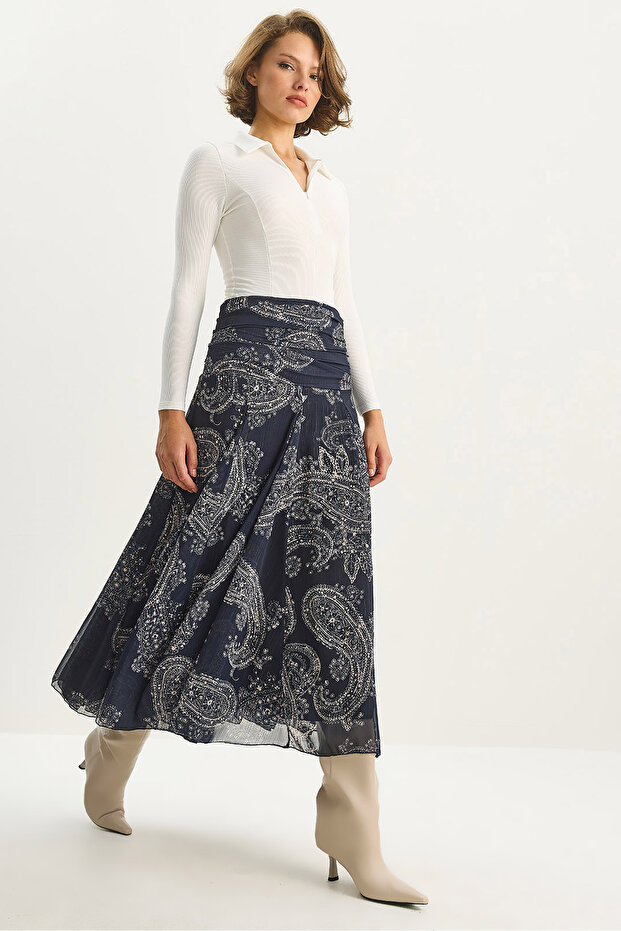 Women's Navy Blue Draped Waist Detailed Lined Patterned Long Skirt De251101 60283609