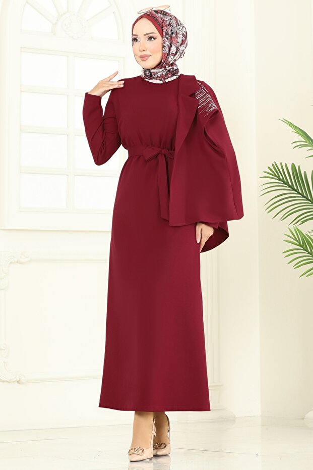 Yeleği Taşlı Elbiseli Takım 2709SL432-MS Bordo - 2