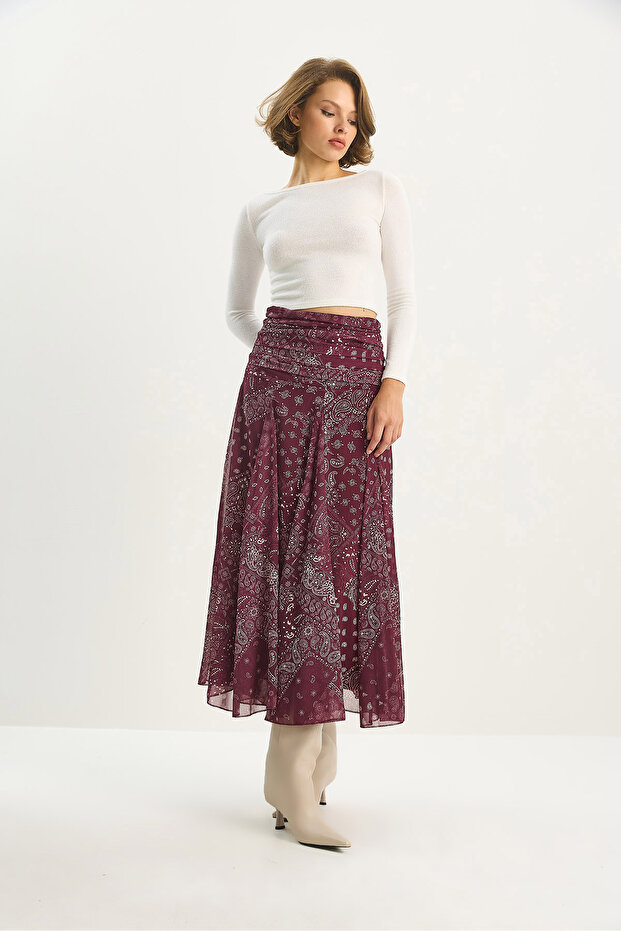 Kadın Kadın Drape Bel Detaylı Astarlı Şal Desen Bohem Uzun Etek DE251101 60283609 - 4