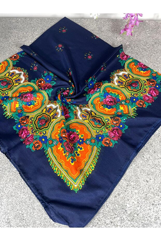Mardin Calligraphy Navy Blue Headscarf with Floral Pattern on the Background 100X100 cm – Dowry and Daily Use