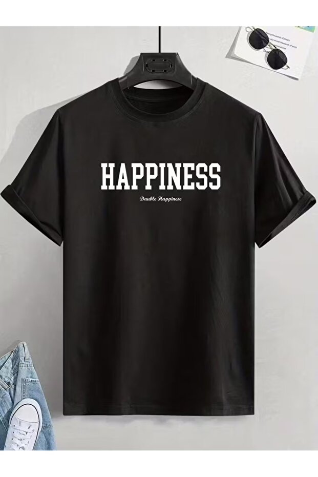 Women's'Happiness' Printed Oversize Black and White T-Shirt