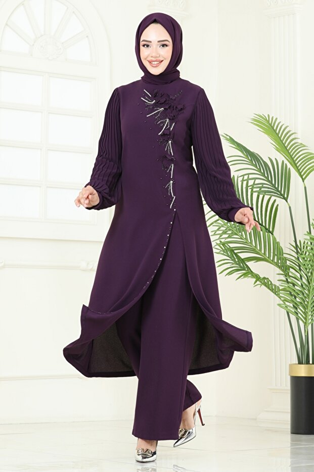 Yırtmaç Detaylı Şık Takım 8058ABK1075-MS Mürdüm - 1