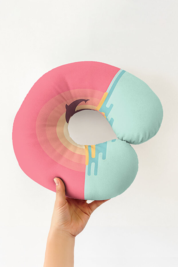 Sunset Sea View Ergonomic Neck Pillow - Minimalist Turquoise Salmon Travel Pillow
