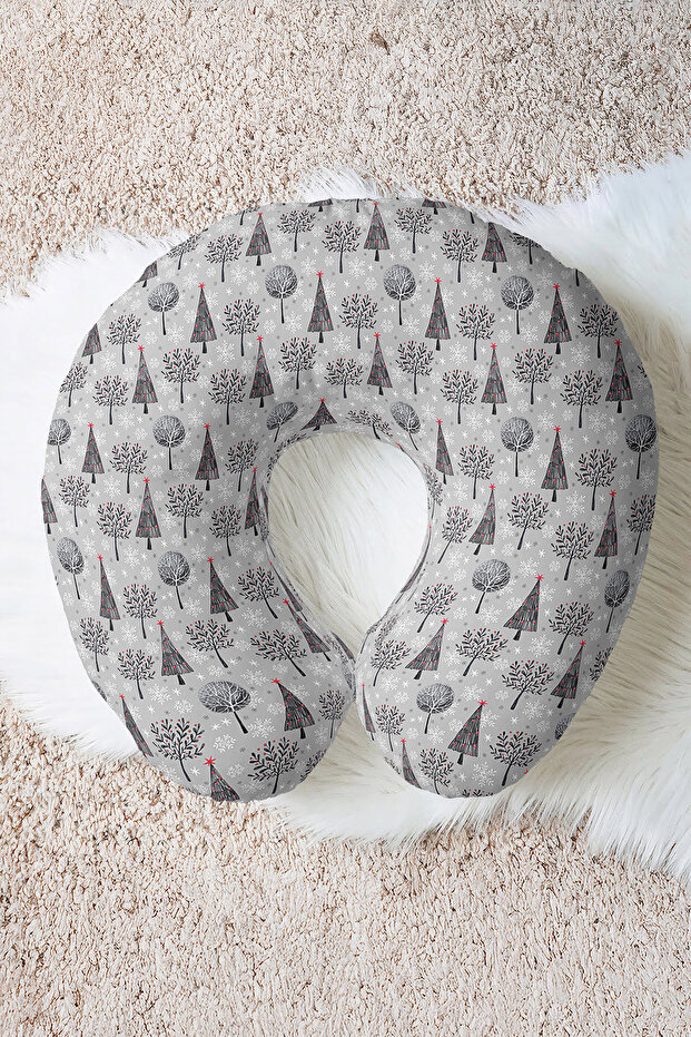 Winter Themed Ergonomic Neck Pillow - Minimalist Gray Christmas Trees Travel Pillow