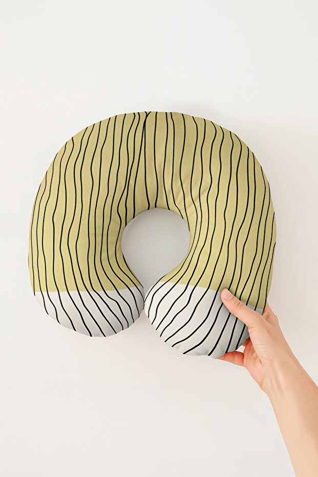 Modern Wavy Striped Ergonomic Neck Pillow - Minimalist Yellow and Ecru Soft Travel Pillow