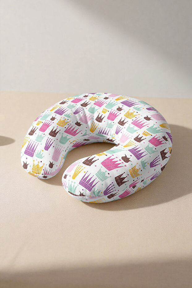 Crown Patterned Cotton Neck Pillow - Colorful Pastel Kids & Adult Travel Pillow