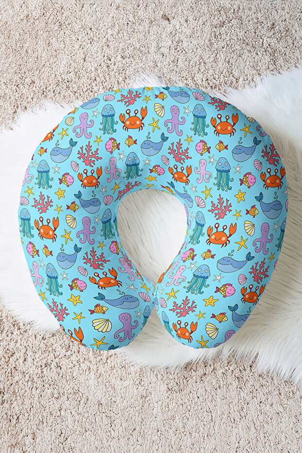 Sea Creatures Themed Neck Pillow for Kids & Adults - Cute Blue Orange Travel Pillow