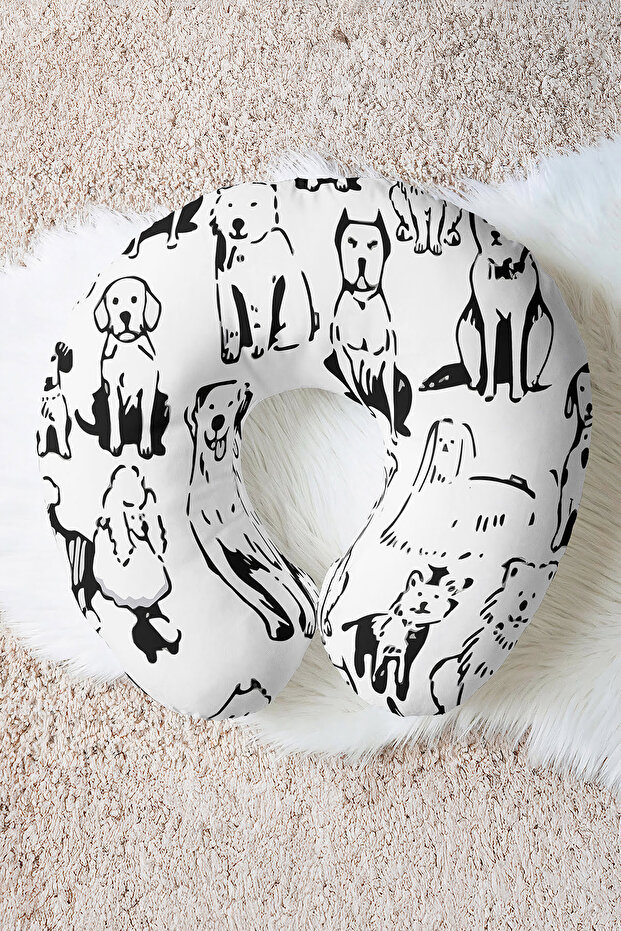 Cotton Neck Pillow with Dog Figure - Black and White Striped Soft Travel Pillow