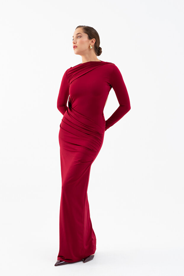 Kadın Bordo Sırt Dekolteli Uzun Örme Elbise - 1