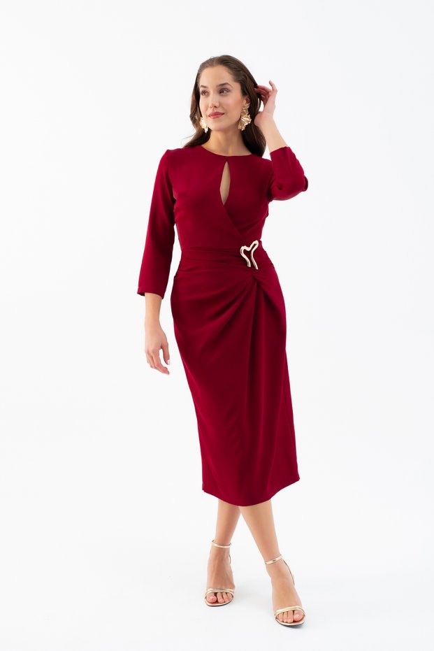 Women's Burgundy Slim Fit Accessory Detail Midi Dress