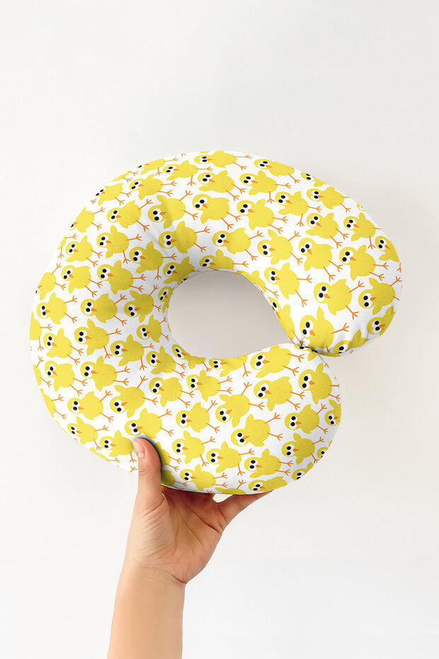 Chick Patterned Cotton Neck Pillow - Cute Yellow and White Travel Pillow for Kids & Adults