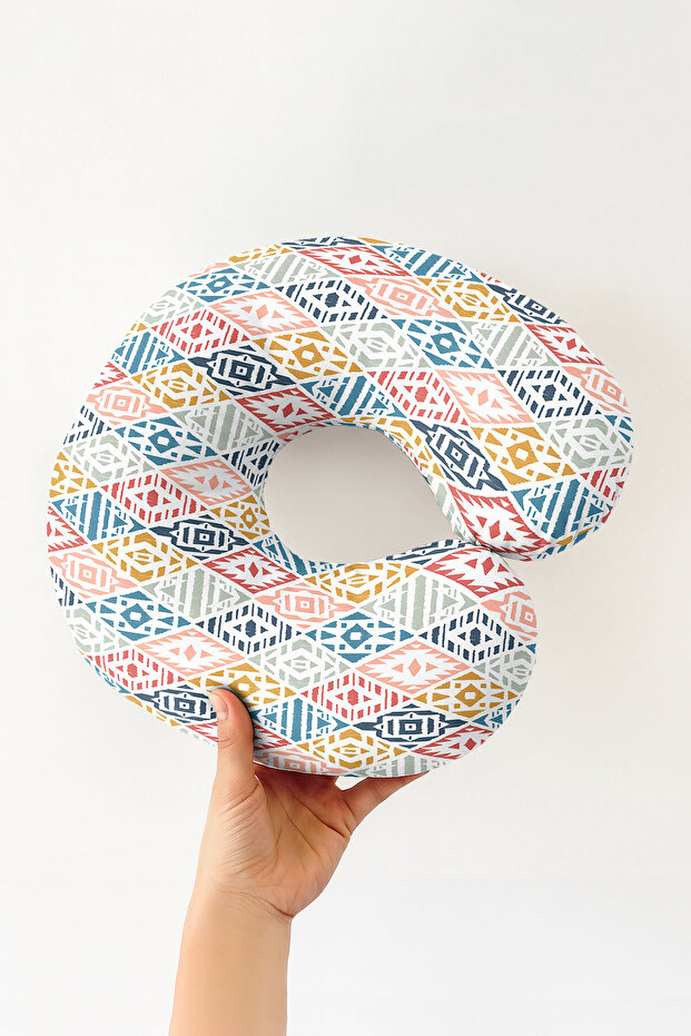 Ethnic Patterned Cotton Neck Pillow - Adult Travel Pillow with Colorful Geometric Motifs