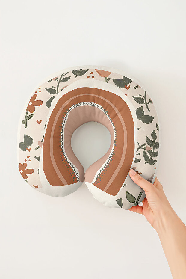 Boho Floral Ergonomic Neck Pillow - Warm Coffee Green Travel Pillow in Natural Tones