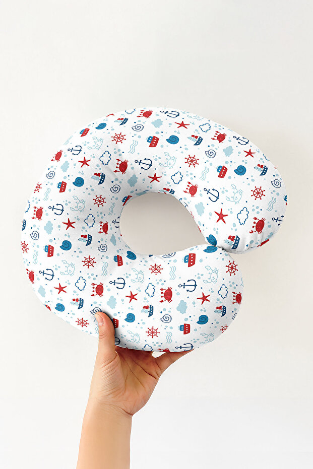 Nautical Themed Anchor Ship Cotton Neck Pillow - Marine Striped Red Blue Soft Travel Pillow