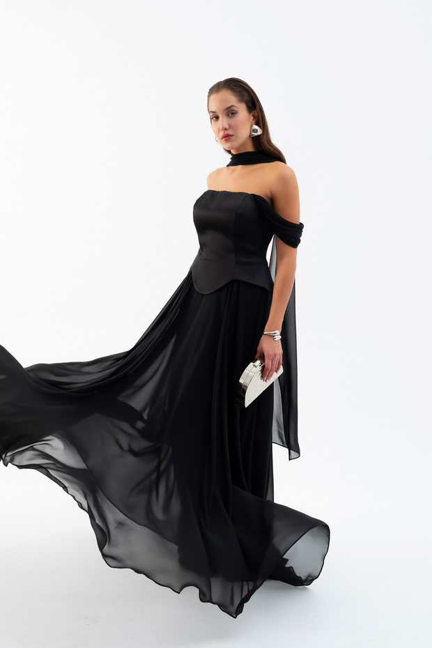 Women's Black Shawl Collar Strapless Promise Engagement Evening Dress