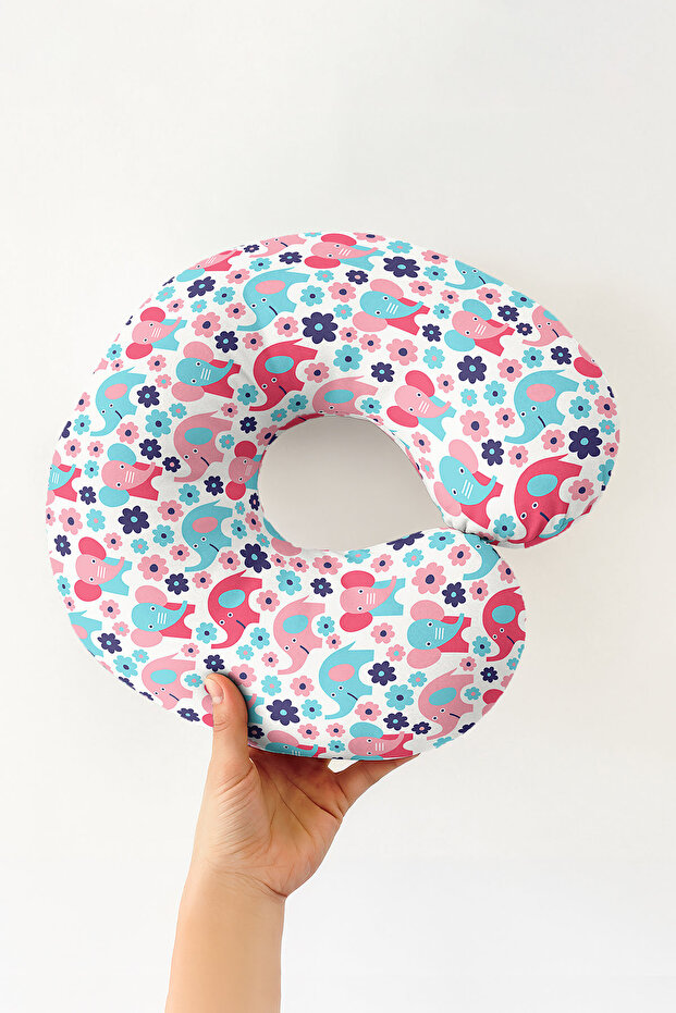 Colorful Elephant Floral Pattern Ergonomic Neck Pillow - Cute Pastel Blue Pink Soft Travel Pillow