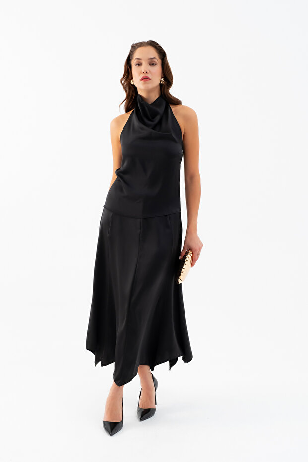 Women's Black Degaje Collar Satin Skirt Blouse Set