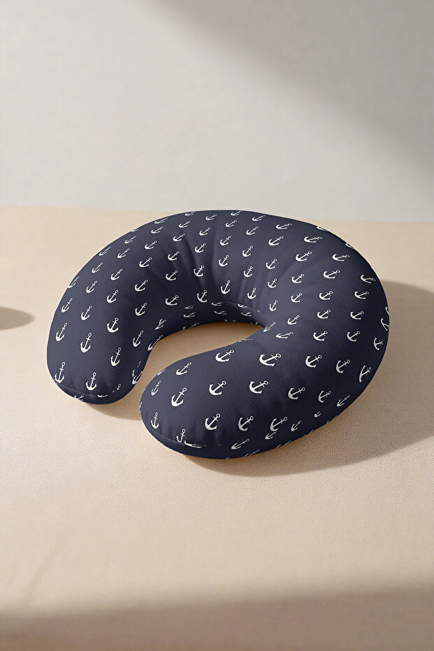 Marine Anchor Patterned Neck Pillow - Sea Themed Navy Blue and White Travel Pillow