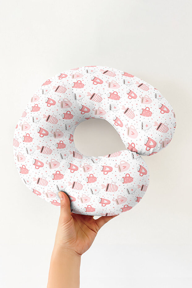 Pink Cups Patterned Cotton Neck Pillow - Pink Soft Travel Pillow with Cute Heart Figures