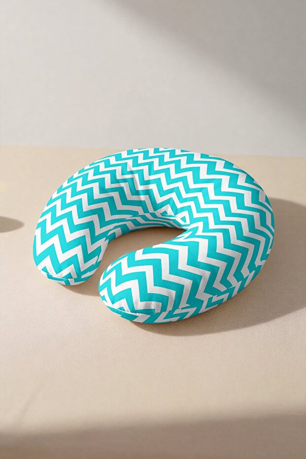 Zigzag Pattern Neck Pillow - Modern Turquoise White Cotton Travel Pillow