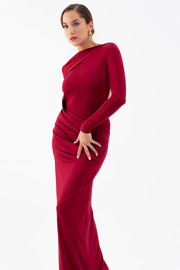 Kadın Bordo Sırt Dekolteli Uzun Örme Elbise - 3