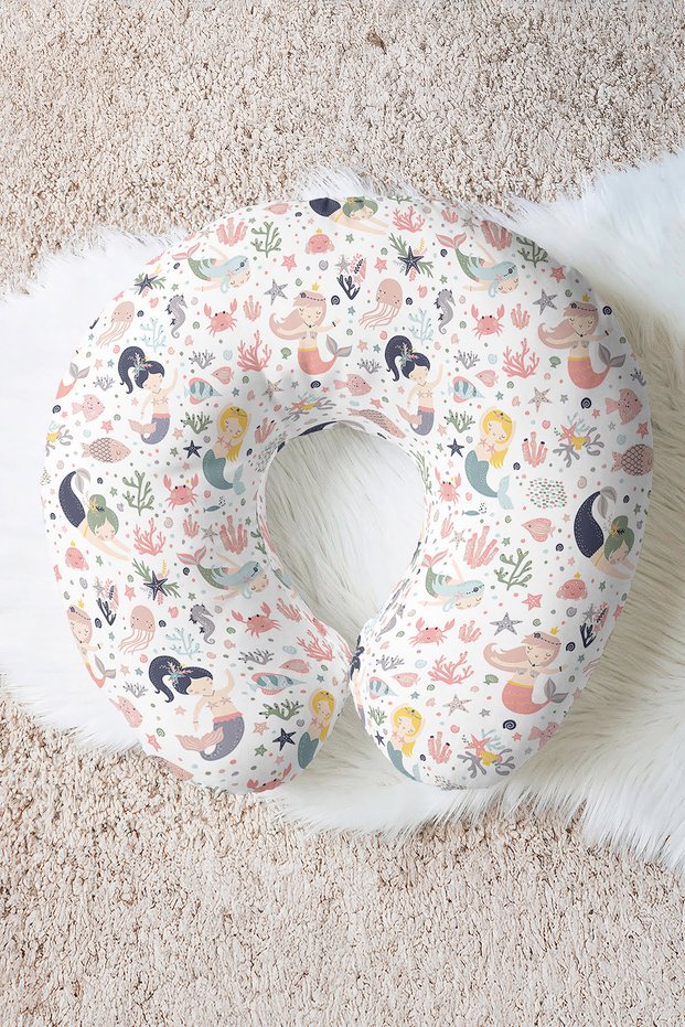 Cotton Neck Pillow with Mermaid Figure-Cute Coral Pink Blue Children & Adult Travel Pillow