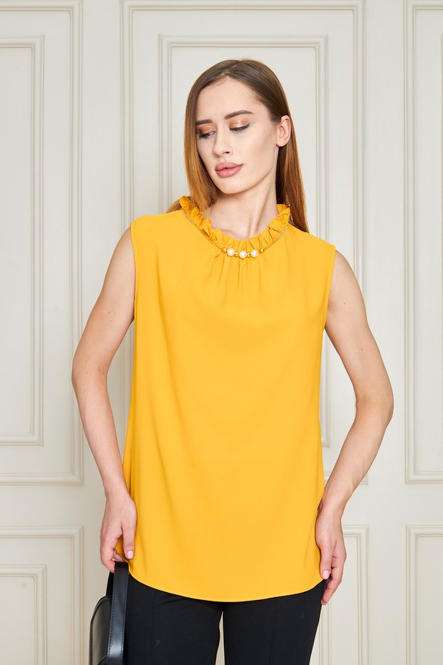 Women's Ruffle Neckline Sleeveless Blouse with Pearl and Chain Detailing - Multiple Color Options