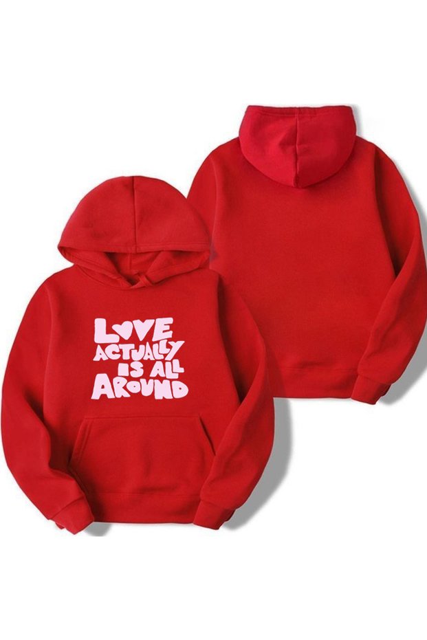 New Season Love Actually Is Everywhere Printed 3 Yarn Cotton Hooded Sweatshirt