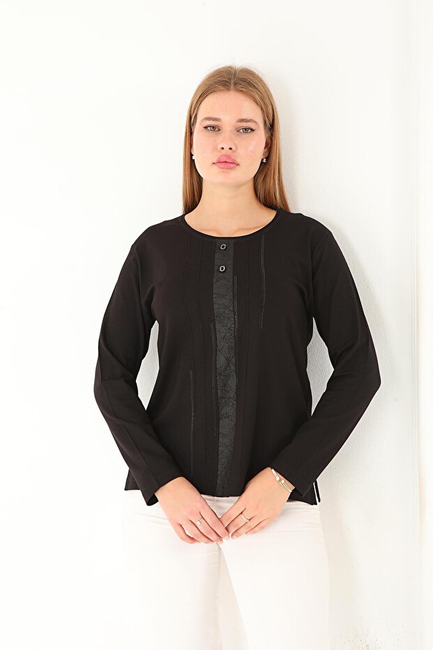 Mercerized Leather Stripe Detailed Crew Neck