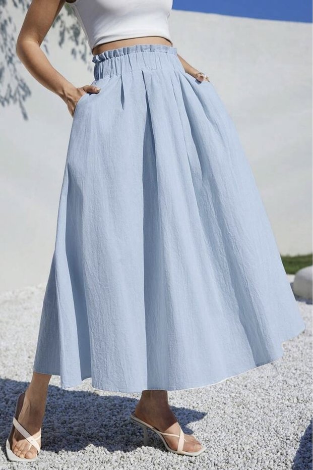 Cotton High Waist Elastic Waist Pocketed Loose Fit Maxi Skirt