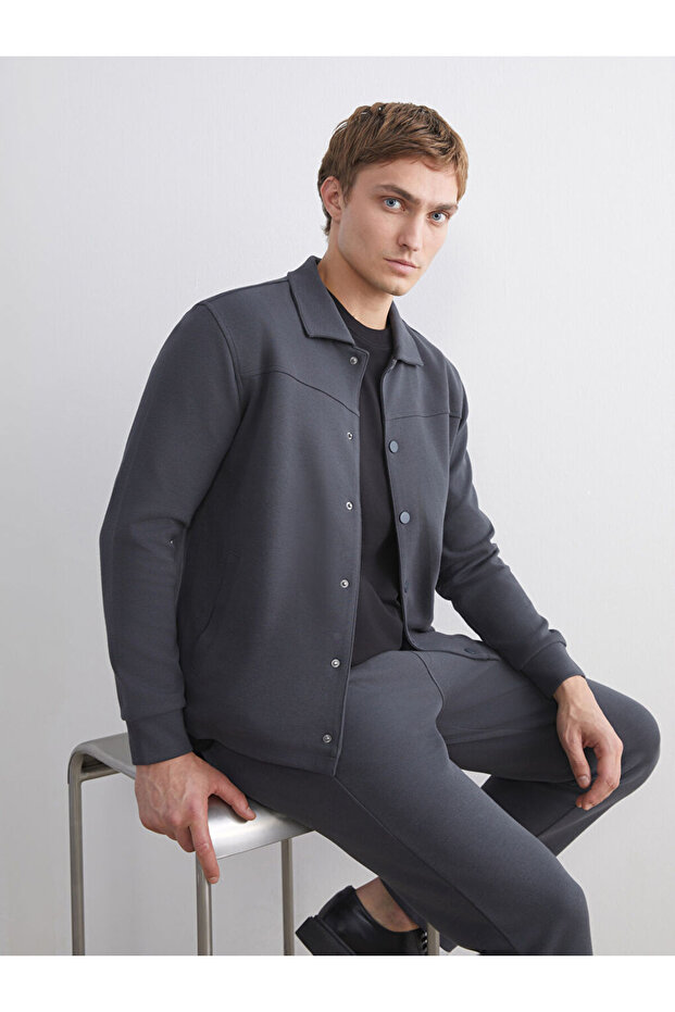 Antrasit Rahat Kalıp Uzun Kollu Erkek Gömlek Ceket - 2