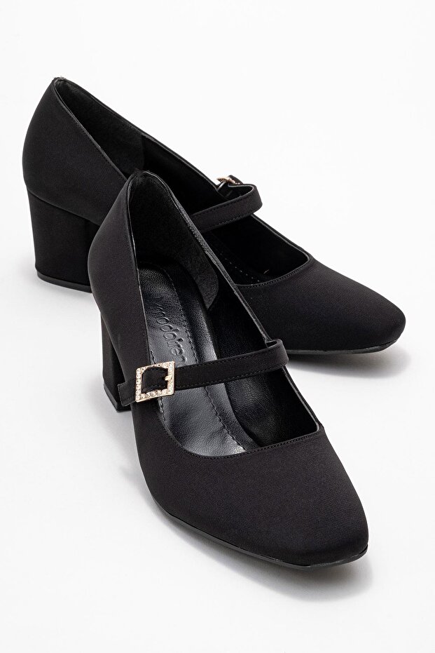 Women's Square Stone Buckle Heeled Shoes; Black Zra