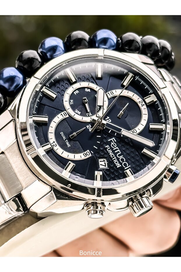 Calendar, Functions Active Men's Wristwatch, Navy Blue Silver Steel Band, with Bracelet Gift
