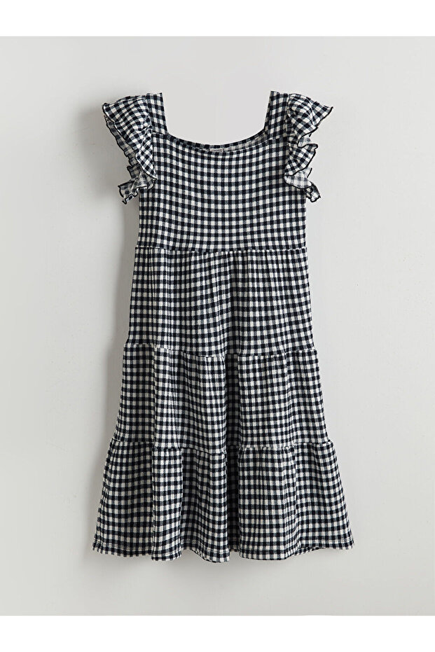 Lcw Kids Navy Blue Square Collar Plaid Girl's Dress