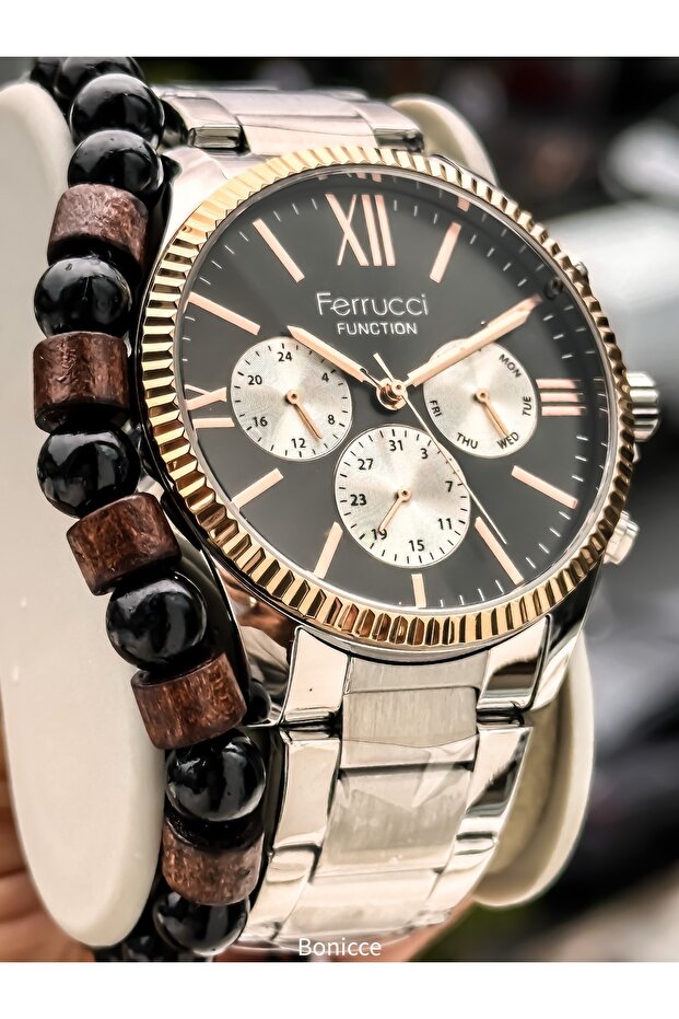 Men's Wristwatch, with Calendar, Functions Active, Silver Steel Band, with Bracelet Gift
