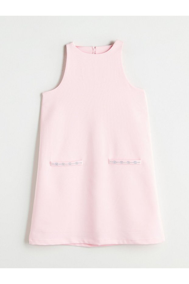 Lcw Kids Pink Crew Neck Stone Girl's Dress