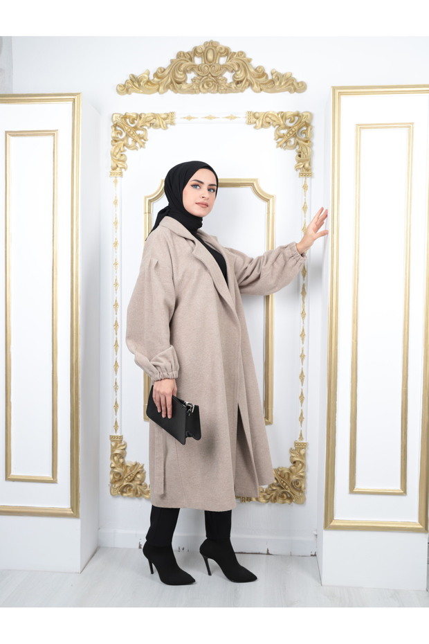 Women's Hijab Coat with Gathered Sleeves and Belted\cache Coat