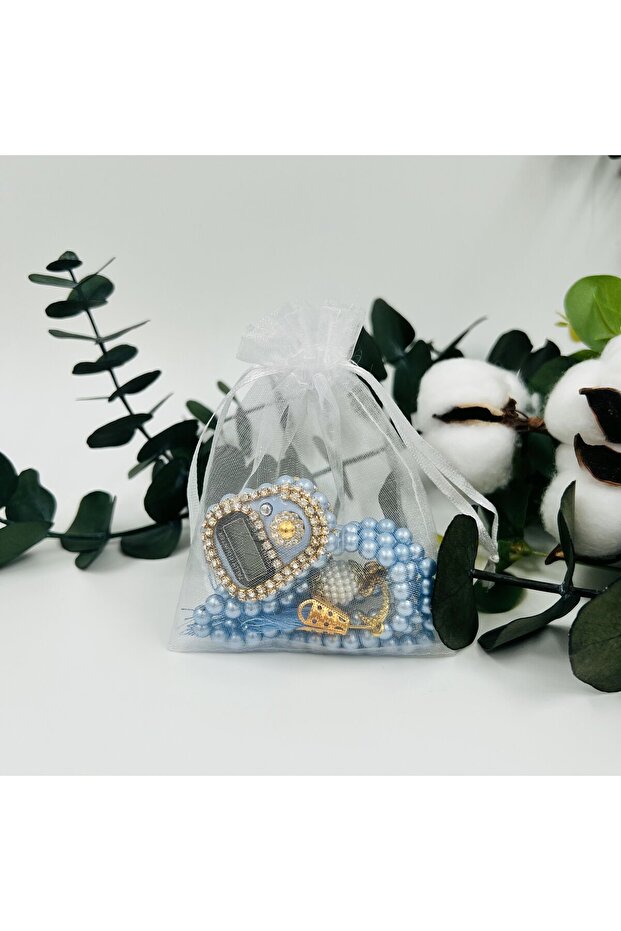 10 Gift Tulle Bags with Pearl Prayer Beads and Stone Zikirmatik (Mevlid-Hajj-Umrah-Circumcision)