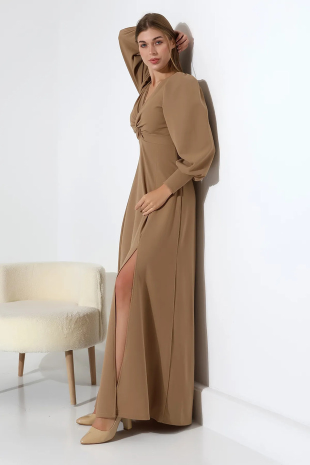 Kamel Rengi Krep Kumaş Önü Düğüm Uzun Kollu Çift Yırtmaçlı Elbise - 5