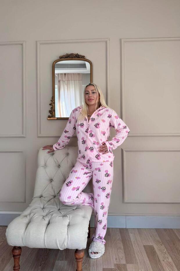 Paw Patterned Front Buttoned Plush Fleece Pajama Set - 7