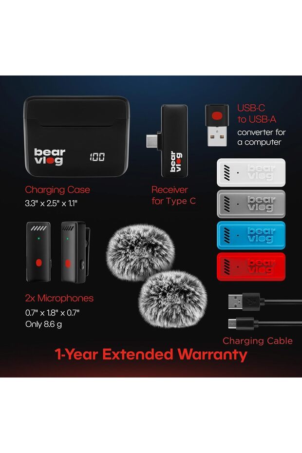 Set 2 Lavalier Microphones Bear Vlog, 360° Omnidirectional Sound, Android Compatibility, USB-C - 7