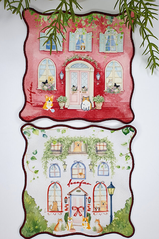 Watercolor Pet Friendly Home Themed Embroidered Cloth Cocktail Napkins 2 Pieces
