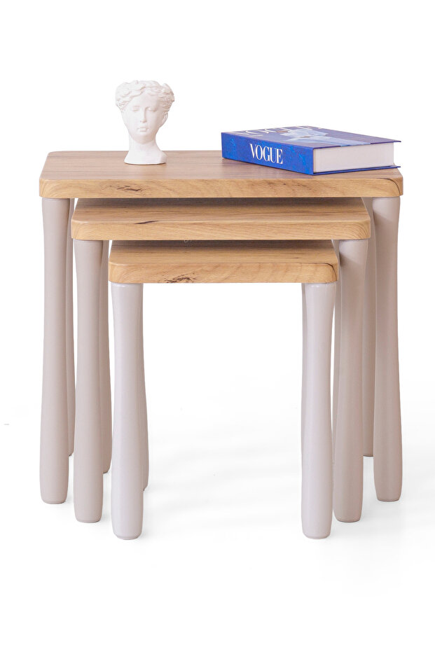 Eylül 3’lü Zigon Sehpa Seti – Meşe Renk MDF Üst Tabla, Beyaz Gürgen Ahşap Ayaklı Modern Sehpa - 5