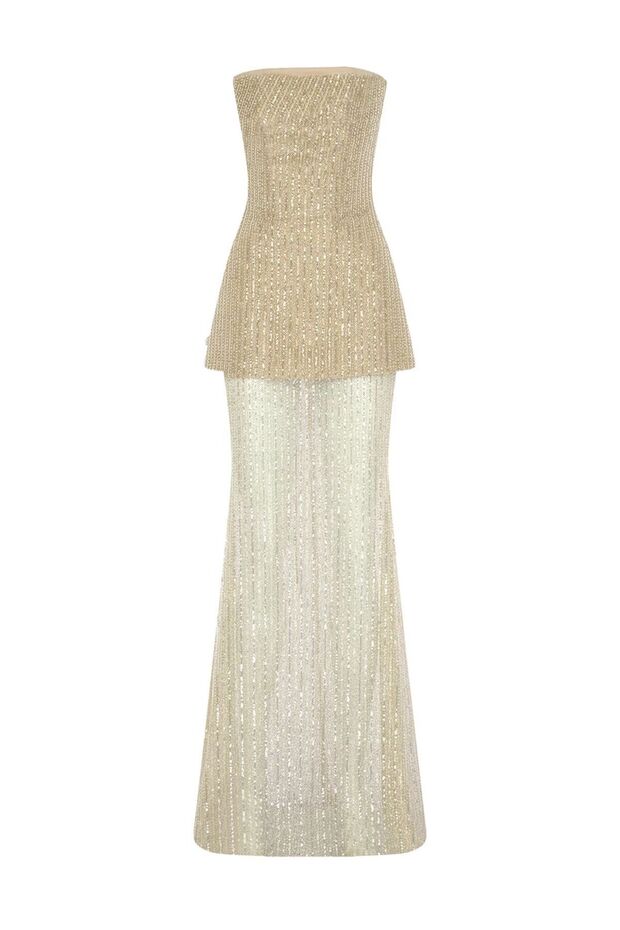 Strapless Stone Sequin Embroidered Suit Evening Dress- Two Pieces