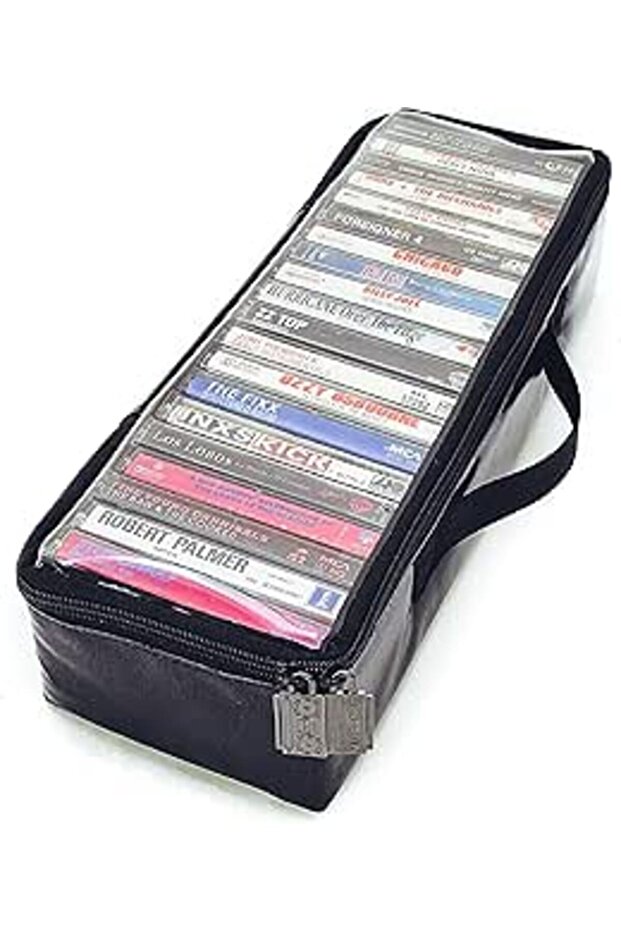 Blank Cassette Tape Storage Set – 20-piece organizer with zipper, handle, clear top, metallic blac